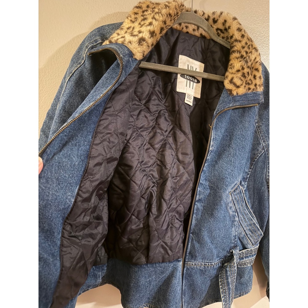 Y2K NY 10018 Denim Jacket Leopard Faux Fur Collar Quilted Lined Blue Zip Up - Picture 4 of 5